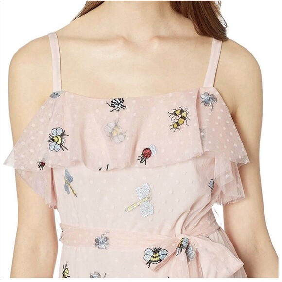 Betsy Johnson Pink Ruffle Tiered Cottagecore Bees Bugs Polka Dot Dress, Size 12 - Picture 3 of 15